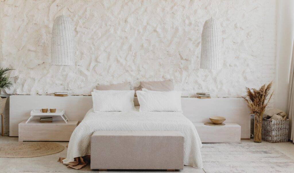 Minimalist  bedroom with white bed linen