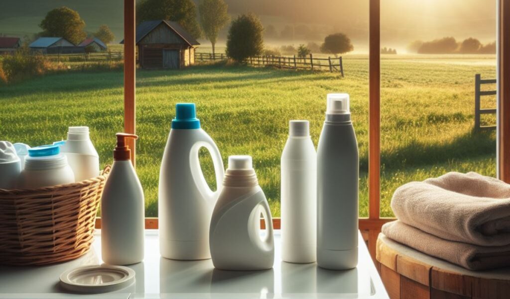 Septic safe laundry detergent sitting on top of washing machine, with rural green garden outside window