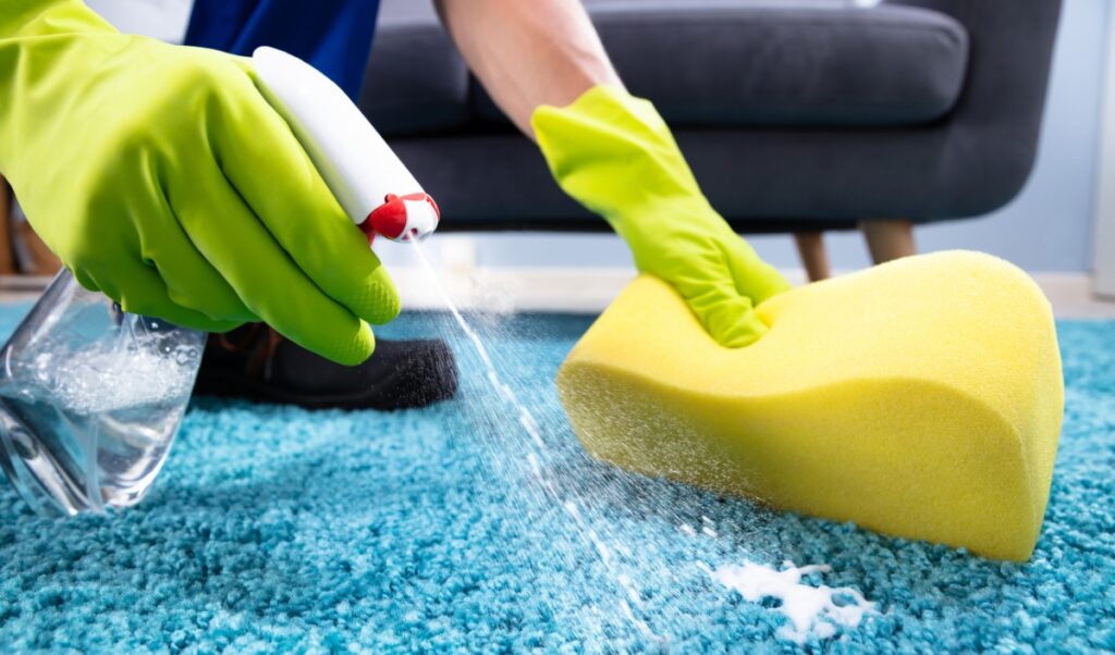 Close-up of a person's hand in a bright green rubber glove spraying a cleaning solution onto a blue carpet, with a foam sponge ready to tackle the stain, against a backdrop of a gray couch.