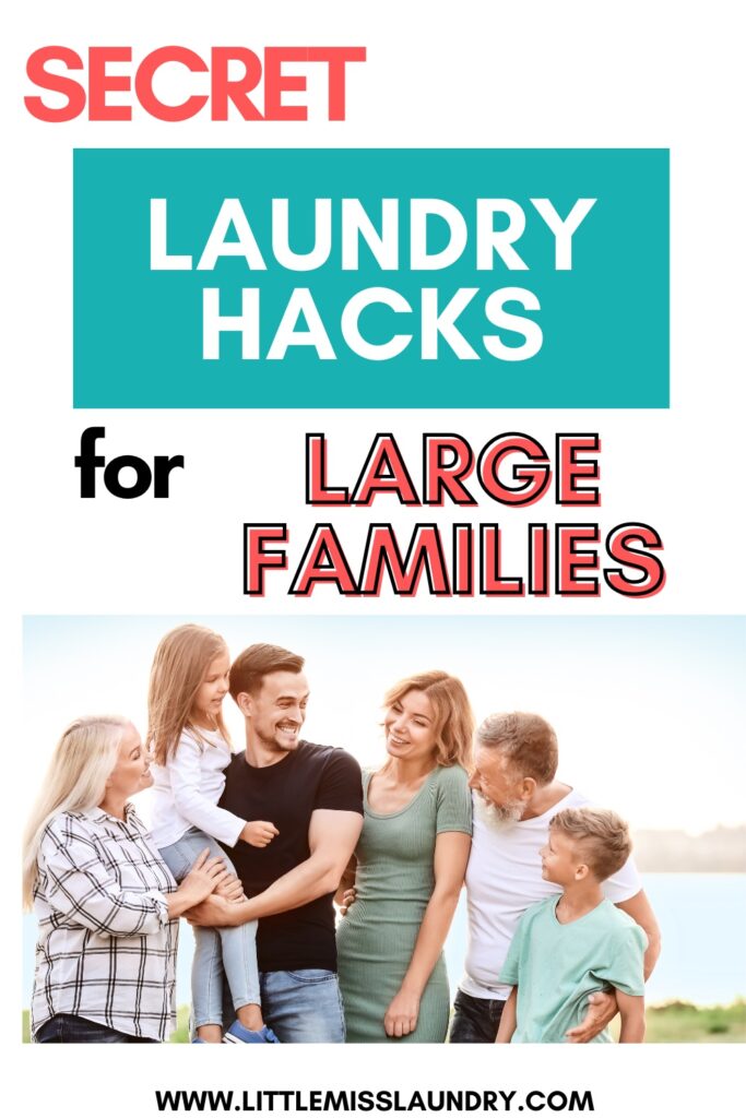 This image is a bright, engaging graphic designed for a blog post about laundry tips. The top of the image features the bold text "SECRET LAUNDRY HACKS" in red and teal blocks, followed by "for LARGE FAMILIES" in a larger red font. Below the text, the photograph shows a joyful, multi-generational family group in an outdoor setting, including six people: two children, three adults, and an elderly man, all smiling and interacting warmly with each other.