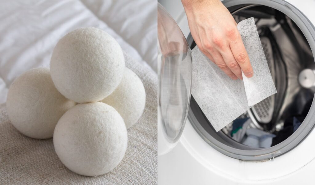 The image is split into two sections. The left side shows a stack of four white wool dryer balls resting on a textured fabric, giving an impression of softness and eco-friendliness. The right side features a hand placing a dryer sheet into the drum of a front-loading washing machine, demonstrating the comparison between wool dryer balls and dryer sheets as laundry aids.