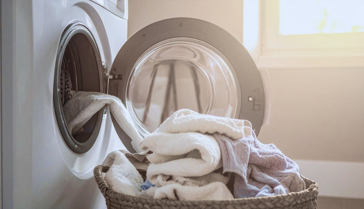 Front-load washing machine with its door open and a basket of freshly laundered towels and fabrics in soft natural light. The image conveys a clean, calm laundry environment, ideal for illustrating proper curtain or fabric washing techniques.