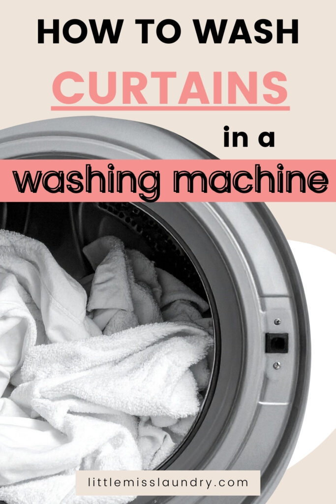 White curtains or towels inside a front-load washing machine with bold overlay text reading “How to Wash Curtains in a Washing Machine.” Emphasizes machine-washable curtain care for laundry tutorials.